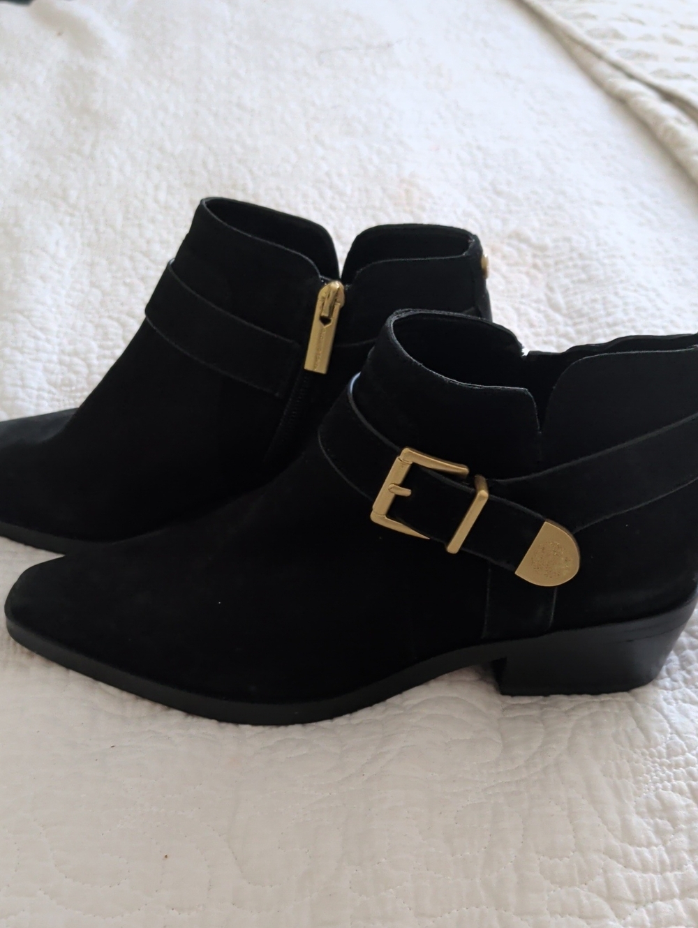 Vince Camuto Maiyah Women's Black Suede Ankle Boot with Gold Buckle Size 7 NWOB